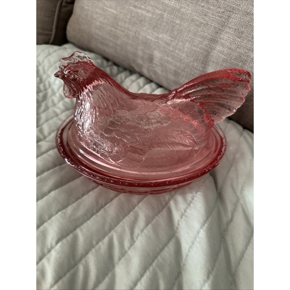 "Vintage Longaberger Pink Glass Hen on Nest Covered Dish Basket